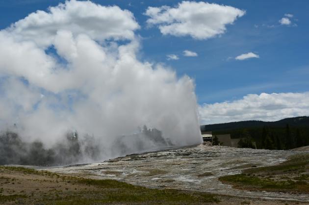 Eruption du geyser Old Faithful dans le parc national de Yellowstone, dans le Wyoming, le 11 juin 2019. Cet été, certains Américains privilégient les grands espaces pour leurs vacances [Daniel SLIM / AFP]